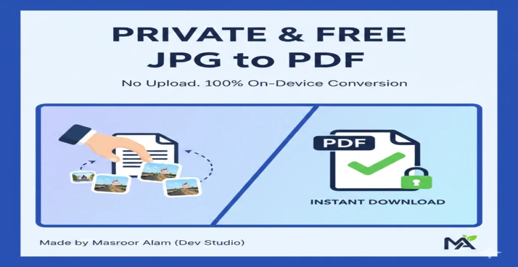 Secure browser-based Multiple JPG to PDF converter tool interface by Masroor Alam Dev Studio.